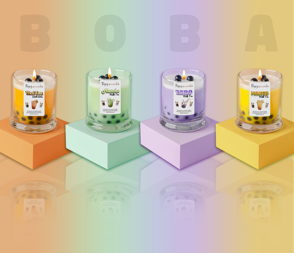 Four delicious boba tea candles